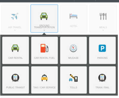 screenshot from the Chrome River app showing transportation expense options