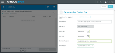screenshot from the Chrome River app showing the first step in the credit card reconciliation process