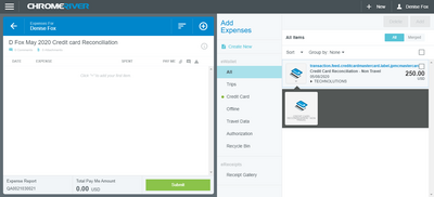 screenshot from the Chrome River app showing the credit card reconciliation process