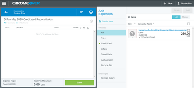 screenshot from the Chrome River app showing credit card charges