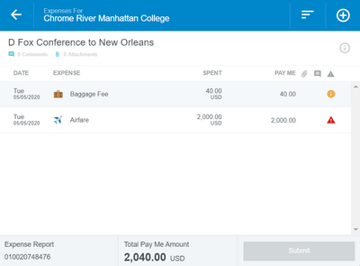 screenshot from the Chrome River app showing the expense report dashboard
