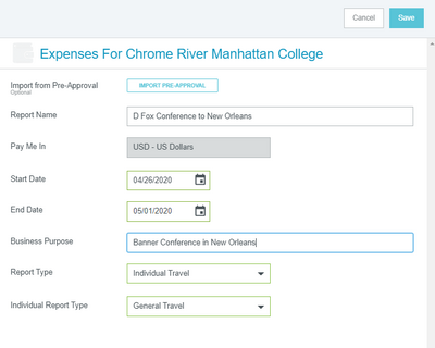 screenshot from the Chrome River app showing fields for expense reporting