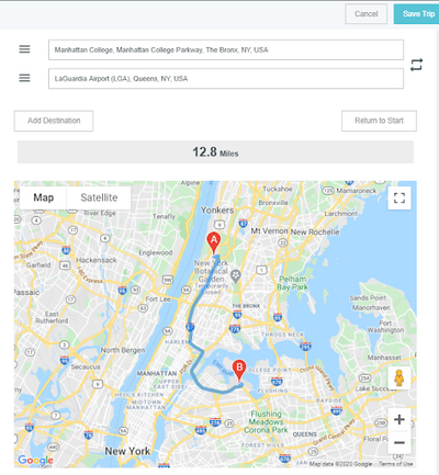 screenshot from the Chrome River app showing the mileage calculator