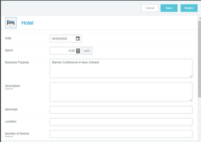 screenshot from the Chrome River app showing hotel expense fields