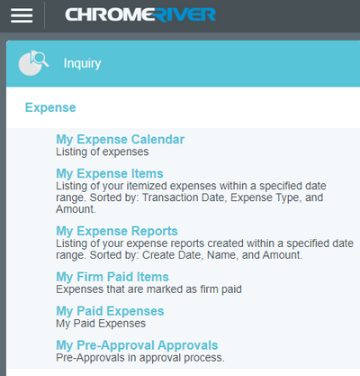 screenshot from the Chrome River app showing a list of reports available