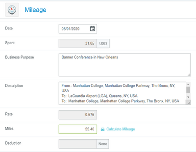 screenshot from the Chrome River app with the mileage fields filled out