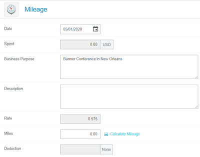 screenshot from the Chrome River app showing mileage expense fields