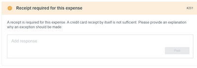 screenshot from the Chrome River app showing a receipt is required