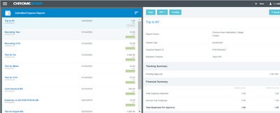 screenshot from the Chrome River app showing a list of submitted expense reports