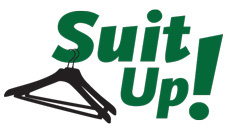 suit up logo with text and clothes hangers