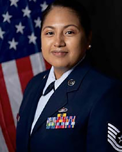 Official portrait of Technical Sergeant Mayra Hubbard, ROTC Training Instructor at AFROTC Detachment 560, in U.S. Air Force dress uniform