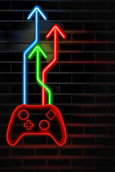 A neon sign on a brick wall shows a video game controller with neon arrows coming out of the top in this 3-d illustration about gaming.