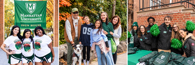 Three-part collage showing Manhattan University students, a family visiting campus, and student ambassadors during Open House.