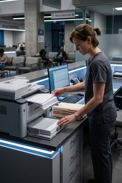 Medical Professional Engaged In Administrative Tasks At A Modern Clinic Reception Area