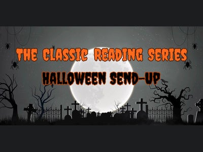 Halloween-themed Classic Readings Series graphic featuring a full moon, silhouetted cemetery, bare trees and spiders, with the text “The Classic Reading Series Halloween Send-Up.”