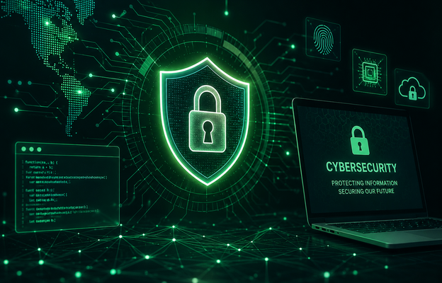 Digital illustration of a glowing cybersecurity shield and padlock surrounded by network connections, security icons, code and a laptop.