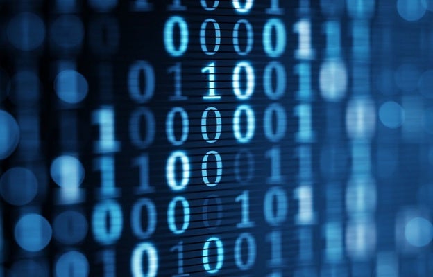 Abstract digital image of binary code in blue tones.