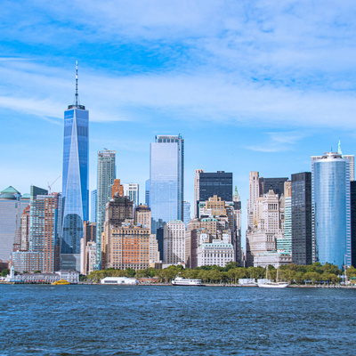 The New York City Skyline, with the Freedom Tower rising above other buildings in lower Manhattan.