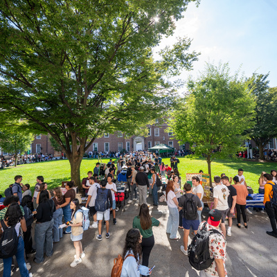 Manhattan University students on the Quad during a career fair