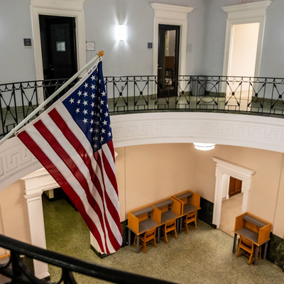 Flag in the rotunda of the Library at Manhattan University
