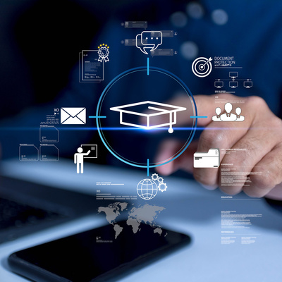 graphic showing a screen with options next to a cellphone and laptop for applying to Manhattan University