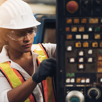 Professional engineering, worker, woman Quality control, maintenance, check in factory, warehouse Workshop for factory operators, engineering team Space and background for text