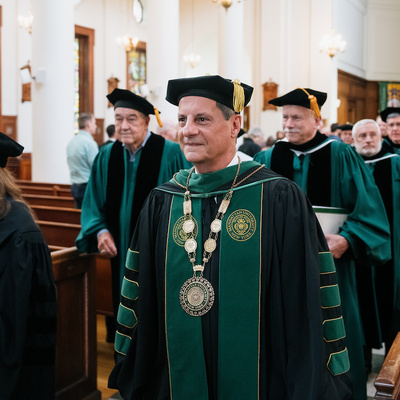 President Frederick Bonato exits through chapel during inauguration academic procession.