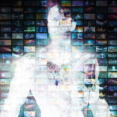 illustration of online multimedia with person silhouette and media screens in the background