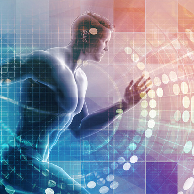illustration showing a person running with gradients and graphics behind them