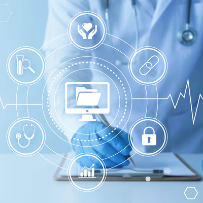 A medical professional wearing a white coat and blue gloves is writing on a clipboard with digital health informatics icons and a heartbeat line overlay