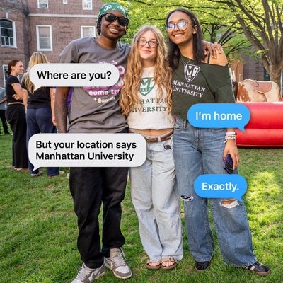 students on campus smiling with bubbles of their talking reel